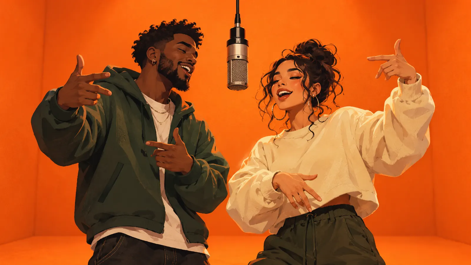 Illustrated rap duo performing under a hanging microphone in an orange room